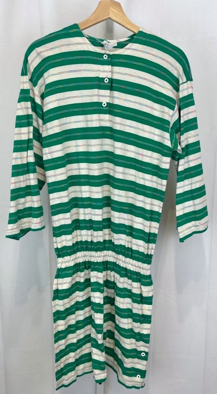 MARIMEKKO Finland Vintage Striped Cotton Knit Dress 3/4 Sleeve Green White M